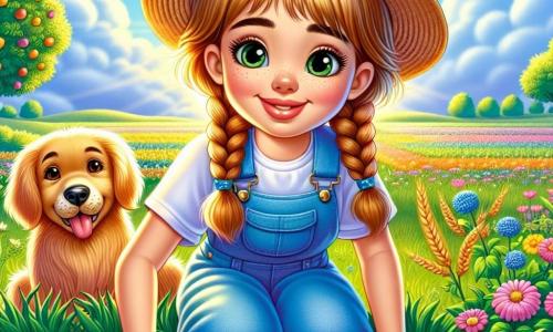Lila, une jeune fille souriante d'environ 10 ans, porte une salopette bleue et un chapeau de paille. Ses cheveux châtains sont en nattes, et elle a des joues roses de joie. Elle se tient dans un champ verdoyant, semant des graines de blé avec soin, son regard pétillant d'excitation. Près d'elle, son chien Nougat, un golden retriever, l'admire. Le champ est vaste, bordé de fleurs sauvages et d'arbres fruitiers, sous un ciel bleu avec des nuages blancs. Le soleil éclaire la scène d'une lumière dorée. Lila, entourée de la beauté de la nature, attend avec impatience les résultats de son travail.