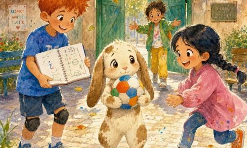 Un petit lapin anthropomorphe crème à taches brunes se tient au centre, oreilles tombantes, yeux brillants et sourire timide, tenant un ballon de foot coloré; à gauche Tom, garçon aux cheveux roux en brosse en t-shirt bleu, montre un carnet de dessin avec une esquisse du terrain, à droite Lina, fille à tresse noire en blouse rose, court vers le ballon avec un grand sourire et des chaussures de sport orange, et derrière Sam, nouvelle élève en veste verte et pantalons jaunes, observe accueillant les mains ouvertes. La cour d’école pavée, un portail en bois vert, quelques bancs et herbes folles encadrent la scène; des feuilles tombent doucement sous une lumière de matin doré. Les enfants se rassemblent pour jouer, Milo affirme son goût pour le foot et la danse, l’atmosphère est d’entraide et d’écoute, avec des couleurs vives et touches aquarelle évoquant chaleur et mouvement.
