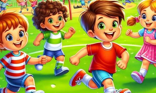 Un garçon de 6 ans, Tommy, avec des cheveux châtains et des yeux pétillants, court sur un terrain de foot verdoyant, souriant. Il porte un t-shirt rouge et un short bleu, tenant un ballon de foot. À ses côtés, Léo, également âgé de 6 ans, avec des cheveux bouclés et des lunettes, s'apprête à tirer le ballon, concentré. Clara, la sœur de Tommy, 7 ans, avec des tresses blondes et un maillot rose, se prépare à défendre, les bras croisés. Emma, la sœur de Léo, 6 ans, avec des cheveux bruns et un bandeau coloré, court vers le ballon, souriante. Le parc est ensoleillé, entouré d'arbres et de fleurs, avec un ciel bleu et quelques nuages. Au fond, des enfants jouent sur des balançoires et toboggans, ajoutant une ambiance joyeuse. Les enfants jouent au foot, riant et s'encourageant, illustrant l'esprit d'équipe et l'égalité des genres.