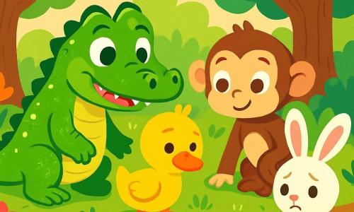 Un crocodile souriant, avec une peau verte brillante et des écailles scintillantes, se tient au bord d'une rivière. À côté de lui, un canard jaune et un singe espiègle regardent un petit lapin blanc aux grandes oreilles, qui semble triste. La scène se déroule dans une forêt enchantée, avec des arbres majestueux et des fleurs colorées. Le crocodile, le canard et le singe se penchent vers le lapin, prêts à l'aider à retrouver sa maman, créant une atmosphère de camaraderie et d'aventure.