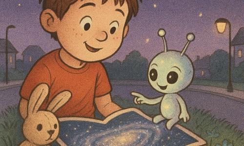 Un garçon de 8 ans au visage rond et taches de rousseur, cheveux bruns en bataille, sourit et chante en tenant sur ses genoux une grande carte dessinée de la Voie lactée; un petit extraterrestre nommé Lumo, taille de poupée, peau perle irisée et antennes, pointe une minuscule étoile en paraissant curieux et joyeux; une peluche de lapin, Monsieur Croquette, pelage beige usé et œil cousu, est posée à côté sur une butte d'herbe au centre d'un rond-point urbain au crépuscule, fleurs émettant une lueur verte et bleue, trottoir et lampadaires, maisons en arrière-plan sous un ciel violet étoilé; la carte brille et le garçon chante pour raviver une petite étoile pâle qui pulse timidement; ambiance douce aux couleurs pastel lumineuses, contrastes chauds, contours nets et texture type impression sur papier.