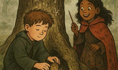 Thomas, garçon apprenti sorcier au visage rond et cheveux en bataille, pose délicatement un médaillon de bois terni dans la cavité d’un vieux chêne tandis que Lila, apprentie sorcière d’environ 9–10 ans, énergique et malicieuse, en cape rouge boueuse, tient une petite baguette prête à aider ; le chêne massif, à l’écorce gravée de runes blanches et racines noueuses, se dresse au centre d’un cercle d’herbes luminescentes dans une clairière brumeuse aux mousses vertes et petites fleurs jaunes, le médaillon émettant une lueur argentée qui s’échappe du tronc, éclairée par des rayons de soleil timides, palette de verts moussu, bruns chauds, touches de rouge et or pâle, composition serrée en léger contre-plongée.