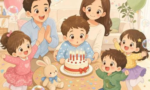 Léo, 4 ans, joyeux et émerveillé, souffle sur des petites bougies rouges d’un gâteau rond; cheveux bruns courts, yeux noisette, pyjama bleu clair à étoiles, son doudou Lapin beige avec un nœud bleu est posé sur la table; la maman souriante (≈30 ans) tient le gâteau derrière lui, le papa (≈30 ans) applaudit à gauche; trois petits amis — Zoé, Tim et Lina (≈4–5 ans) — sautillent et rient autour de la table; salon chaleureux avec sol en bois clair, canapé crème, guirlandes pastel, ballons jaunes/roses/verts, confettis au sol; bulles de savon translucides reflétant des reflets arc-en-ciel; ambiance intime, lumineuse et tendre, style kawaii minimal, couleurs douces et formes épurées.