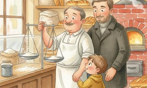 Monsieur Martin, boulanger d'âge moyen, souriant et moustachu, en tablier légèrement fariné, montre une grande balance en métal et verse une pincée de farine lumineuse pendant qu'un garçon de cinq ans, Léo, aux cheveux bruns en bataille et yeux émerveillés, tient la main de son papa quadragénaire, barbu et protecteur, qui sourit derrière lui ; intérieur chaleureux d'une petite boulangerie avec comptoir en bois, étagères de baguettes dorées et brioches, four en briques laissant échapper une vapeur douce et une poussière de farine flottant comme un nuage, ambiance douce aux couleurs chaudes et lumières dorées.