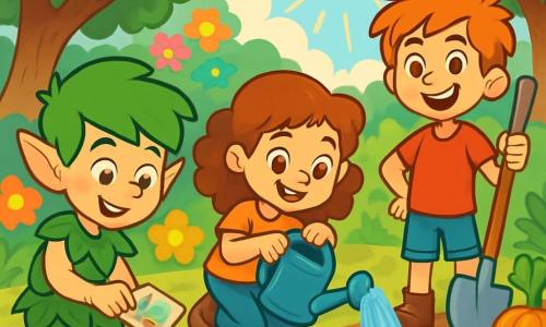 Léo, un lutin joyeux aux cheveux verts et aux oreilles pointues, plante des graines dans un jardin ensoleillé, souriant avec enthousiasme. Il porte une tunique en feuilles et des bottes en cuir, ses yeux brillants de curiosité. À ses côtés, Emma, une fillette aux cheveux bouclés, arrose les jeunes pousses, rayonnant de fierté. Hugo, un garçon énergique avec des cheveux en bataille, tient une pelle, son sourire malicieux illuminant son visage. Le jardin, entouré de fleurs colorées et de grands arbres, est rempli de légumes en pleine croissance, créant une ambiance de camaraderie et de joie. Les enfants travaillent ensemble avec enthousiasme pour créer leur jardin communautaire, symbole d'amitié et de partage durant les vacances d'été.