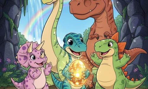 Raptorino, petit vélociraptor joyeux aux plumes rayées vertes et bleues, tient un grand œuf doré scintillant; derrière lui un T‑Rex imposant mais serein veille, à gauche Trixie la tricératops rose pâle sourit et applaudit, à droite Spike le stégosaure aux plaques orange lève la queue et Écho le diplodocus au long cou observe bienveillant; scène festive au bord d'une grotte aux pierres scintillantes, fougères et fleurs, cascade lointaine projetant des arcs‑en‑ciel, ambiance chaleureuse, couleurs vives, style cartoon années 90 aux poses dynamiques.