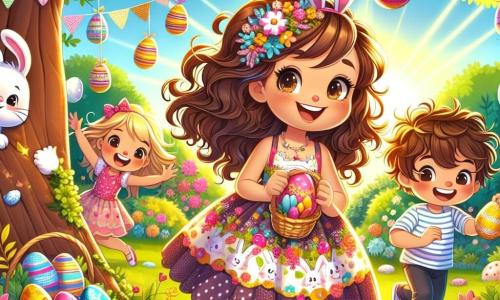 Célestine, une fille de 8 ans aux cheveux bruns et bouclés, porte une robe colorée avec des motifs de lapins et de fleurs. Elle sourit largement, les yeux pétillants d'excitation en tenant un panier en osier rempli d'œufs en chocolat. À ses côtés, Lucas, un garçon de 8 ans aux cheveux blonds en bataille, rit en montrant un œuf en chocolat rose. Emma, une fille de 7 ans aux cheveux longs, est accroupie près d'un arbre, cherchant un œuf caché derrière les racines avec une expression concentrée. Le jardin est coloré, avec des guirlandes en papier, des fleurs en plastique et des lapins en chocolat. Le soleil brille dans un ciel bleu, créant une ambiance joyeuse. Célestine et ses amis sont en pleine chasse aux œufs de Pâques, courant et riant tout en découvrant des surprises dans leur jardin enchanté.