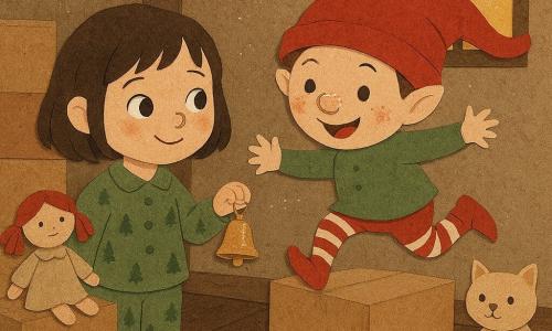 Fille de 6 ans aux yeux brillants et sourire timide, cheveux courts bruns, en pyjama vert à petits sapins, tenant une petite clochette dorée avec émerveillement; un lutin farceur à corps rond, bonnet rouge trop grand, chaussettes rayées et taches de farine sur le nez saute sur une boîte à côté d’elle; poupée en tissu et peluche-chat beige immobiles sur des cartons, entourées d’empreintes de bottes en papier. Le grenier chaleureux aux planchers foncés et à la lumière dorée filtrée par une petite fenêtre montre un chemin d’empreintes argentées menant vers la fenêtre, rubans et papiers cadeaux éparpillés; la scène évoque une découverte joyeuse et complice de la clochette. Style collage papier avec textures de papier découpé, bords irréguliers, couches superposées, couleurs vives, ombres simples et contours nets.