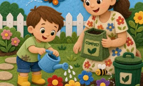 Un garçon de 2 ans souriant arrose des fleurs dans un jardin en feutrine aux couleurs vives, cheveux châtains courts, t-shirt vert clair taché, short en jean et bottes jaunes, tenant un arrosoir bleu ciel, tandis que sa mère d'environ 30 ans, robe à fleurs et queue de cheval, lui montre comment arroser en tenant un petit sac de compost près d'une poubelle ; un papillon orange et bleu, une abeille rayée et un ver de terre rouge souriant complètent la scène douce, joyeuse et pédagogique avec pelouse texturée, parterre de fleurs rouges, jaunes et bleues, chemin en dalles beiges, petite barrière blanche et ciel bleu pastel.