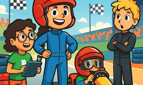 Trois personnages sont présents : Lina, une fille de 10 ans avec de longs cheveux bruns et un casque de karting rouge, est debout sur la piste, les mains sur les hanches, souriante et déterminée. Noémie, également âgée de 10 ans, a des cheveux courts et bouclés, porte des lunettes et un t-shirt vert, tenant une tablette et un outil, prête à aider. Hugo, un garçon de 11 ans avec des cheveux blonds en bataille, porte une combinaison de karting noire et un casque bleu, se tient en retrait, les bras croisés, admirant Lina. Le circuit de karting est vibrant, avec des pneus en arrière-plan, des drapeaux à damier et des spectateurs applaudissant. Lina et Noémie sont prêtes à commencer la course, Lina au volant de son kart, affichant confiance, tandis que Noémie lui donne des conseils. Hugo semble impressionné par leur esprit d'équipe.