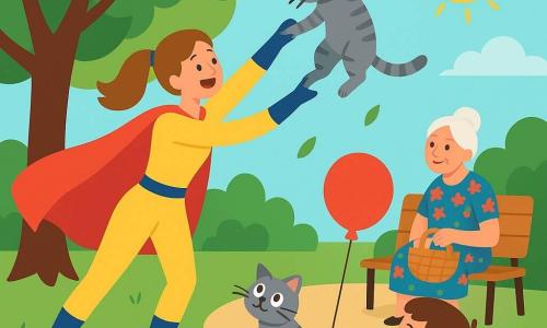 Une jeune super-héroïne joyeuse et un peu maladroite en cape rouge, combinaison jaune et bottes bleues, cheveux châtain clair en queue de cheval, étire son bras élastique pour attraper Minou, un chat gris rayé perché sur une branche basse, tandis qu’un garçon d’environ 6 ans aux cheveux bruns et T-shirt vert, tenant un ballon rouge, la regarde émerveillé depuis le sentier et que Madame Dupont, voisine âgée en robe à fleurs, chignon blanc, rit en tenant un panier assise sur un banc ; le tout dans un parc simple et coloré (grand arbre au feuillage rond, pelouse, buissons, chemins en terre), ciel bleu clair et soleil souriant, ambiance lumineuse, tendre et comique, formes simples et couleurs vives.