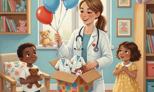 Femme médecin souriante d'une trentaine d'années, cheveux châtain clair en queue de cheval, blouse blanche avec broche cœur et stéthoscope, ouvrant une grande boîte colorée d'où s'échappent ballons rouges et bleus et déguisements ; à droite une fille d'environ 6 ans aux boucles brunes en robe jaune à pois blancs saute d'émerveillement, à gauche un garçon d'environ 6 ans aux cheveux courts bruns et t-shirt vert serre timidement son ours près d'un fauteuil ; petite salle lumineuse façon maison-clinique aux murs bleu pastel, étagères avec livres et peluches, fenêtre à rideau fleuri et parquet clair ; scène de surprise joyeuse centrée sur la médecin et les enfants, lumière douce, couleurs vives et textures épaisses rappelant la peinture acrylique.