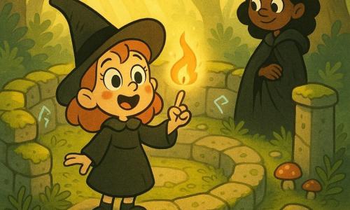 Lysia, apprentie sorcière de 6 ans aux grands yeux noisette et joues roses, tient un petit doigt levé avec une minuscule flamme dorée dansante, visage à la fois enthousiaste et un peu inquiète ; Ombeline, éclaireuse des ombres d’environ 8 ans à la peau sombre et cape noire, se tient en retrait, bras plié, observant et guidant Lysia. L’amphithéâtre circulaire de vieilles pierres couvertes de mousse, runes pâles gravées et végétation autour baigne dans des rayons de soleil dorés, créant une atmosphère douce, sécurisante et légèrement magique. Palette chaude et douce : jaunes dorés pour la flamme, verts moussus et bleus nuit subtils pour les runes, lignes rondes et textures simples pour un rendu enfantin et lisible.