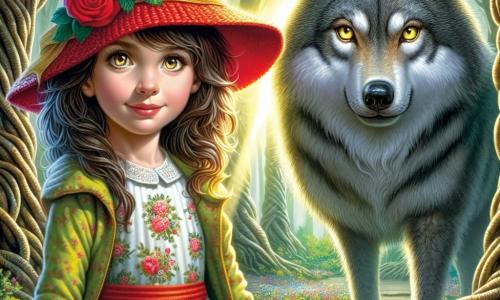 Au centre de l'image, Eléa, une petite fille de 11 ans, se tient fièrement avec un chapeau rouge orné d'un ruban doré. Son sourire courageux et ses yeux pétillants témoignent de sa curiosité et de sa détermination. Elle porte une robe légère à motifs floraux, et ses cheveux châtains flottent dans le vent. À sa droite, un grand méchant loup au pelage noir et gris est assis, avec des yeux jaunes intelligents. Bien qu'il ait l'air redoutable, son expression est respectueuse alors qu'il écoute Eléa. Le décor est une clairière enchantée, entourée d'arbres majestueux et de fleurs colorées, avec un rayon de soleil créant une atmosphère magique. Eléa et le loup sont engagés dans un jeu d'esprit, avec des symboles d'énigmes flottant autour d'eux. Eléa lève un doigt, prête à répondre, tandis que le loup, intrigué, penche la tête. L'image illustre leur rencontre, mêlant tension et curiosité dans un cadre féerique.