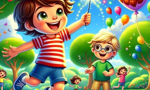 Un petit garçon de 6 ans nommé Tom, avec des cheveux châtains en bataille et un grand sourire, tient une baguette magique scintillante. Il porte un t-shirt rouge à rayures et un short bleu, sautant de joie, les yeux écarquillés. À côté de lui, son ami Léo, également âgé de 6 ans, aux cheveux blonds et lunettes rondes, admire la baguette magique tout en pointant un ballon en forme de lion flottant. La scène se déroule dans un parc ensoleillé, rempli d'arbres, de fleurs colorées et de ballons multicolores. Tom vient de faire danser les arbres autour de lui, tandis que Léo et d'autres enfants applaudissent, émerveillés par ce spectacle magique.