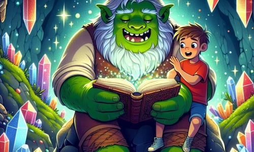 Un ogre nommé Grumble, avec une peau verte et des yeux pétillants, sourit en tenant un livre ancien, prêt à raconter une histoire. À ses côtés, Léo, un garçon de dix ans aux cheveux bruns en bataille, l'écoute avec émerveillement. Ils se trouvent dans une caverne magique aux murs tapissés de cristaux multicolores, créant une atmosphère féerique. Grumble et Léo partagent un moment d'amitié alors que l'ogre ouvre le livre pour raconter une histoire captivante.