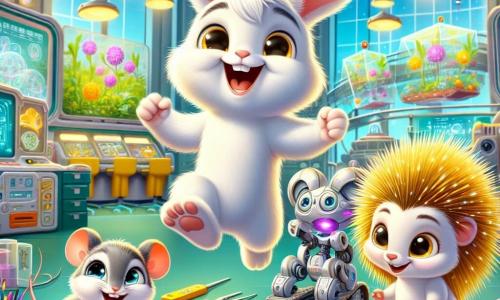 Un petit lapin nommé Léo, avec un pelage blanc et des yeux brillants, saute de bonheur dans un laboratoire futuriste. À ses côtés, Mia la souris, avec un pelage gris, sourit en tenant un outil. Un hérisson nommé Hugo, avec des piquants dorés, observe un plan de leur invention sur une table. Le laboratoire est rempli de gadgets colorés et de machines scintillantes, avec des jardins flottants à l'extérieur. Les trois amis travaillent ensemble sur un robot innovant, symbolisant leur projet pour aider la nature, dans une atmosphère joyeuse et dynamique.