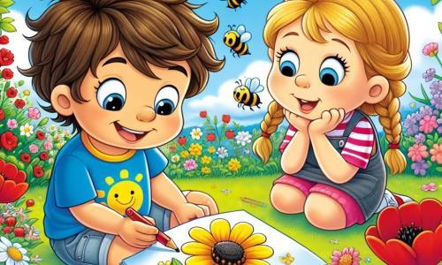 Un petit garçon de 6 ans, Lucas, avec des cheveux bruns en bataille et un grand sourire, porte un t-shirt bleu et un short jaune. Accroupi dans un jardin coloré, il dessine une fleur jaune dans son carnet avec des crayons de couleur. À côté, sa camarade Emma, une fille de 6 ans aux cheveux blonds tressés et en robe rose, observe une abeille butinant une fleur, curieuse. Le jardin est rempli de fleurs éclatantes : tulipes rouges, marguerites blanches et coquelicots, avec des arbres en arrière-plan et un ciel bleu parsemé de nuages blancs. Lucas et Emma explorent la beauté de la nature au printemps.