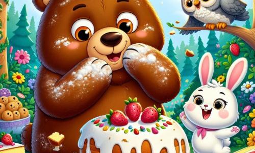 Oscar, un ours brun aux grands yeux ronds et au sourire chaleureux, est au centre de l'image, les pattes couvertes de farine et un regard surpris, face à un gâteau géant explosé, projetant des morceaux partout. À sa droite, Lili, une petite lapine blanche joyeuse, rit en tenant une fraise, prête à décorer les morceaux. À gauche, Max, un hibou sage aux plumes grises, observe la scène avec un sourire amusé, perché sur une branche. La scène se déroule dans une forêt enchantée, avec des arbres verdoyants et un ciel bleu. Des éclats de gâteau et des fraises sont éparpillés, créant une ambiance festive. Oscar, Lili et Max, entourés de morceaux de gâteau, rient ensemble et se préparent à organiser une fête pour leurs amis, transformant un désastre en célébration joyeuse.