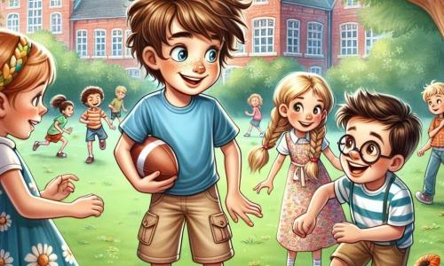 Un garçon de 11 ans, Lucas, se tient au centre de l'image, avec des cheveux bruns en bataille et des yeux pétillants. Il porte un t-shirt bleu et un short beige, affichant une expression d'excitation mêlée à un léger stress, alors qu'il raconte une histoire à ses amis. À sa droite, Clara, une fille de 11 ans avec de longs cheveux blonds tressés et une robe à fleurs, l'écoute avec curiosité. À sa gauche, Maxime, un garçon de 12 ans aux cheveux châtains et lunettes rondes, sourit, tenant un ballon de foot. La scène se déroule dans la cour d'une école, entourée de grands arbres et de fleurs colorées, avec un bâtiment scolaire en briques rouges en arrière-plan. Lucas raconte une aventure qu'il n'a jamais vécue, captivant ses amis sans qu'ils ne réalisent qu'il ment.