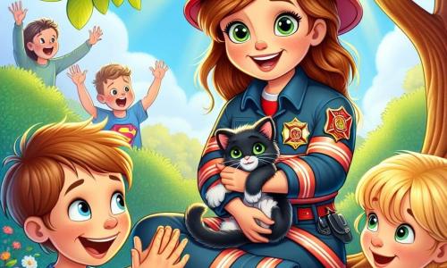 Clara, une femme pompier courageuse, est perchée dans un arbre avec un grand sourire. Elle porte un uniforme rouge et noir, un casque brillant et a des cheveux châtains en queue de cheval. Dans ses bras, elle tient un petit chaton noir aux yeux verts, soulagé d'avoir été sauvé. Lucas, un garçon d'environ 8 ans avec des cheveux bruns en bataille et un t-shirt bleu de super-héros, l'observe émerveillé et applaudit. Emma, une petite fille de 7 ans avec des couettes blondes, s'approche en souriant, tenant un badge de pompier que Clara lui a donné. La scène se déroule dans un parc ensoleillé, autour d'un grand arbre vert, avec des fleurs colorées et une petite foule admirant le sauvetage. Clara sauve le chaton, tandis que les enfants et les adultes applaudissent, créant une ambiance joyeuse et héroïque.