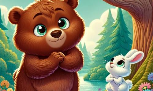 Un jeune ours nommé Grizz, au pelage brun doux et aux yeux curieux, se tient au centre, prêt à s'excuser auprès de ses amis. À ses côtés, Loulou, un petit lapin blanc aux grandes oreilles, l'observe avec encouragement et inquiétude. Non loin, Timmy, un écureuil espiègle à la fourrure rousse, grimpe sur une branche avec un sourire encourageant. La scène se déroule sous un grand chêne, entourée de fleurs colorées et d'une rivière scintillante, créant une atmosphère paisible. Grizz s'apprête à avouer ses mensonges, tandis que Loulou et Timmy l'écoutent, soulignant l'importance de l'honnêteté et de l'amitié.