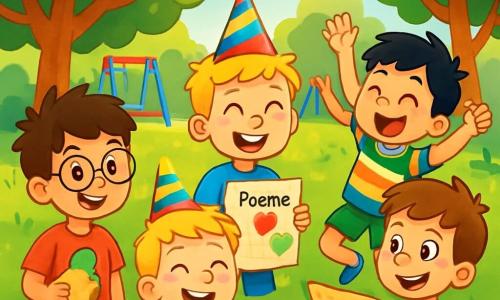 Quatre enfants se trouvent dans un parc verdoyant : Hugo, 8 ans, avec des cheveux bruns en bataille et des lunettes rondes, porte un t-shirt rouge et tient un sandwich ; Léo, 8 ans, avec des cheveux blonds et des taches de rousseur, porte un chapeau coloré et un t-shirt bleu, souriant avec un poème ; Max, 8 ans, aux cheveux noirs et énergique, est en short vert et t-shirt à rayures, sautant de joie près d'une couverture de pique-nique ; Tom, 8 ans, avec des cheveux châtains et un sourire malicieux, porte un t-shirt orange et montre un indice de chasse au trésor. Le parc est baigné de lumière dorée, avec de grands arbres et une couverture colorée entourée de fleurs. Les enfants, réunis autour de la couverture, rient et s'amusent en célébrant la fête des pères avec un pique-nique et une chasse au trésor, leurs visages rayonnant de joie et d'excitation.