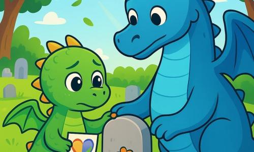 Un petit dragon vert nommé Nori se tient devant une pierre tombale simple, affichant une douce mélancolie. Il tient un dessin en forme de cœur dans ses pattes. À ses côtés, son papa, un grand dragon bleu, pose une patte réconfortante sur son épaule. Ils regardent ensemble la pierre dans un cimetière paisible, entouré d'arbres et de fleurs, sous un ciel bleu clair. Nori dépose une fleur sur la pierre en mémoire de sa mamie, tandis que le vent fait danser les feuilles, créant une atmosphère calme et réconfortante.