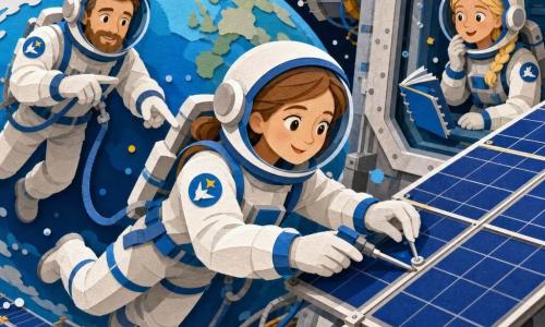 Femme astronaute principale souriante et concentrée, cheveux brun clair sous le casque, combinaison blanche et bleue avec patchs, flottant et touchant délicatement un panneau solaire avec un outil ; homme astronaute (±35 ans) derrière, teint clair, barbe courte, tenue assortie, tenant une corde de sécurité et pointant une vis ; jeune femme astronaute (±26 ans) aux cheveux blonds en tresse, casque posé à côté, depuis le sas vitré elle observe avec un carnet flottant ; extérieur d’une grande station spatiale aux surfaces métalliques et panneaux solaires brillants, énorme Terre en arrière-plan, étoiles et halo solaire ; sortie spatiale d’inspection, gestes précis, bulles d’air stylisées comme confettis, composition claire, couleurs vives et textures en papier superposé.
