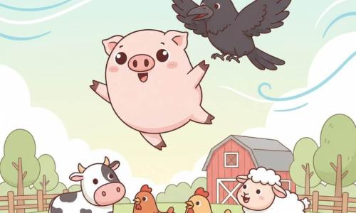 Un petit cochon rose pâle, rond et dodu, aux grands yeux brillants et joues roses, plane doucement les pattes écartées; un corbeau noir au plumage lustré et au bec courbé vole légèrement au-dessus et derrière, ailes mi-ouvertes pour l’accompagner; au sol, une vache tachetée, une poule rousse et un mouton blanc, regroupés près d’une barrière en bois, regardent surpris et ravis; décor : champ verdoyant au lever du jour avec herbe en petites touffes, une grange rouge en arrière-plan, quelques arbres aux feuilles rondes et des traits suggérant le vent; palette pastel, contours épurés et ombres légères; scène centrée, lisible et douce, destinée aux enfants.