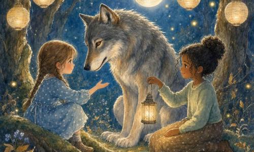 Trois personnages dans une clairière nocturne : Camille, 8 ans, cheveux châtain clair en tresses, robe bleue à pois, assise à gauche sur une racine mousseuse et tendant la main vers le loup ; Léa, 8 ans, cheveux noirs bouclés en chignon, pull vert clair et jupe brune, assise à droite, souriante et tenant une petite lanterne entre elles ; un loup mâle adulte, grand, fourrure gris argenté avec touches rousses et yeux ambre, assis face aux filles, légèrement courbé et la tête inclinée pour paraître moins imposant. La scène se déroule dans une clairière au cœur de la forêt, sol couvert de mousse émeraude et feuilles dorées, grands chênes autour, lanternes en papier aux branches, fleurs et champignons au premier plan, lune pleine en arrière-plan et lucioles dans l'air. Moment de première rencontre apaisée : les filles présentent le loup au village en lui tendant la main, ambiance chaleureuse et calme, éclairage doux en contre-jour, composition centrée et intime avec palette pastel et contrastes d'ambre et de bleu nuit.