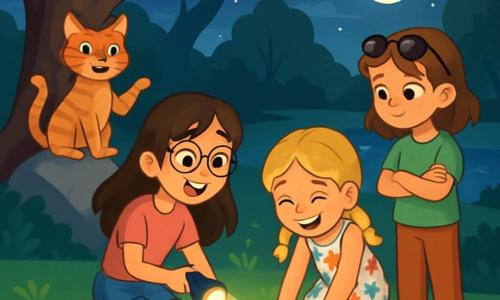 Quatre personnages sont présents : Lucie, 10 ans, avec de longs cheveux bruns et des lunettes rondes, porte un t-shirt rose et un short en jean, assise sur l'herbe avec une lampe de poche, les yeux brillants d'excitation. Emma, 9 ans, a des cheveux blonds en tresses et porte une robe à fleurs, creuse dans le sol à côté de Lucie. Chloé, 10 ans, avec des cheveux châtains et des lunettes de soleil sur la tête, porte un t-shirt vert et un pantalon de survêtement, debout avec les bras croisés, observant une boîte en métal déterrée. Biscuit, un chat tigré aux yeux verts, se tient sur un rocher, comme s'il dirigeait l'expédition. L'action se déroule dans un parc nocturne éclairé par la lune, avec des arbres grands et feuillus, de l'herbe verte parsemée de fleurs blanches, et un étang scintillant au loin. Les filles sont en pleine chasse au trésor autour d'un vieux chêne, prêtes à découvrir un trésor caché, tandis que Biscuit les observe malicieusement.
