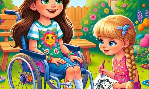 Léa, une fille de 10 ans, est assise dans son fauteuil roulant, souriante. Elle a de longs cheveux bruns et porte un t-shirt coloré avec des fleurs et un short en jean. Elle tient un dessin d'un soleil souriant, symbole d'amitié. À côté d'elle, sa petite sœur Emma, 5 ans, avec des cheveux blonds en tresses et une robe rose à cœurs, dessine en l'admirant. Leur jardin est rempli de fleurs multicolores et d'arbres, avec un ciel bleu. Léa explique à ses amis comment elle vit avec sa maladie, captivant son auditoire.