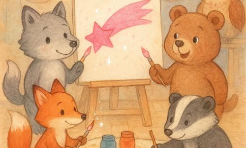 Loupin, un petit loup gris aux yeux ronds, tient un pinceau taché de rose et montre une grande comète rose peinte sur un panneau, sa queue remuant doucement ; Patapouf, un jeune ours brun large et joyeux, ajoute la traîne rose avec son pinceau, Paillette, une renarde rousse malicieuse, peint des étincelles blanches depuis un tabouret à gauche, Brindille, le blaireau tacheté, trace des branches brunes accroupi près des pots, et Madame Hibouette, la maîtresse chouette aux grandes lunettes, observe bienveillante à l'arrière-plan dans une salle de classe en bois clair aux fenêtres rondes et ciel violet du soir, nappe et pots de peinture colorés éparpillés ; ambiance chaleureuse, collaborative et joyeuse, gestes précis et traces de pinceau visibles.
