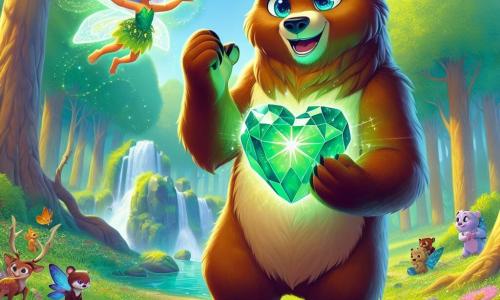 Un ours brun nommé Grizzou, avec une fourrure éclatante et des yeux bleus déterminés, se tient au centre d'une clairière ensoleillée, tenant le Cœur de la Forêt, une pierre précieuse verte pulsant d'énergie. Il exprime courage et fierté, prêt à rassembler ses amis pour protéger leur maison. À ses côtés, une petite fée nommée Luminelle, avec des ailes scintillantes, vole joyeusement, son visage rayonnant d'espoir et d'admiration pour Grizzou, encourageant les autres créatures à se rassembler. La scène se déroule dans une clairière enchantée, entourée d'arbres majestueux, de fleurs colorées et d'un ruisseau murmurant, créant une ambiance de magie. Grizzou proclame son engagement à protéger la forêt, tandis que Luminelle et les autres créatures s'unissent autour de lui, instaurant une atmosphère de solidarité et d'espoir.