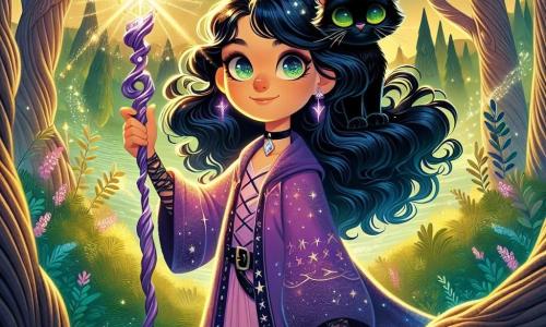Lira, jeune mage aux cheveux noirs, se tient fièrement au sommet d'une colline verdoyante, son visage illuminé par une lumière dorée. Elle porte une robe violette ornée de motifs étoilés et tient un bâton de cristal. À ses côtés, Ébène, un chat noir aux yeux verts, est sur son épaule, observant la scène. En arrière-plan, la Forêt des Murmures s'étend, avec des arbres noueux et des feuilles argentées scintillant sous le soleil couchant. Lira lève la Pierre de l’Aube, une gemme brillante qui chasse les Ombres de la Nuit, illuminant le paysage. La scène est chargée de magie, empreinte d'espoir et de triomphe.