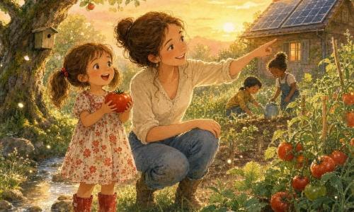 Fille de 6 ans, joyeuse et émerveillée, cheveux châtain clair en couettes, robe à fleurs rouges et bottes rouges boueuses, tenant une grosse tomate qu’elle regarde en souriant ; maman d’environ 35 ans, peau claire, chignon brun, accroupie à côté d’elle et pointant du doigt des panneaux solaires sur le toit d’une petite cabane ; fond : clairière printanière ensoleillée avec herbe et mousse, vieux pommier à gauche, potager de tomates et fraisiers à droite, petit ruisseau scintillant et cabane en bois au fond avec deux panneaux solaires noirs ; ambiance chaleureuse et intime au crépuscule doré, rosée brillante, moment de fierté de l’enfant et d’éducation bienveillante sur la nature et l’énergie.