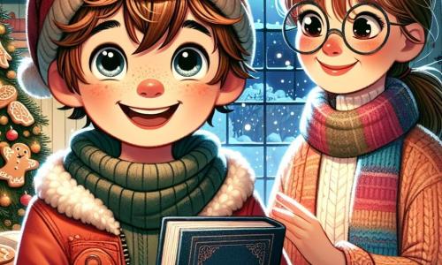 Un garçon de 9 ans, Lucas, avec des cheveux ébouriffés et un grand sourire, se tient au centre de l'image. Il porte une veste rouge et un bonnet en laine, tenant un livre bleu dans ses mains, les yeux brillants d'excitation. À côté de lui, sa maman, Marie, une femme d'environ 35 ans avec des cheveux châtains et des lunettes, regarde le livre avec des larmes de joie. Elle porte un pull en laine et une écharpe colorée, prête à l'enlacer. La scène se déroule dans une cuisine chaleureuse, décorée pour Noël, avec un sapin et des biscuits au gingembre. Lucas offre le livre à sa maman, un moment émouvant symbolisant l'amour et le partage.