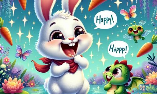 Au centre de l'image, Benjamin, un petit lapin à la fourrure blanche et aux grandes oreilles, rit joyeusement, portant un foulard rouge et se tenant sur ses pattes arrière, prêt à raconter une blague. À côté de lui, Dodu, un dragon miniature aux écailles vertes, rit aussi en crachant un léger nuage de fumée, sur un nénuphar. Le décor est un jardin enchanté avec des fleurs colorées, des nénuphars sur un lac scintillant, et des arbres aux feuilles violettes. Benjamin raconte une blague aux carottes magiques qui flottent autour de lui, créant une atmosphère festive et joyeuse.