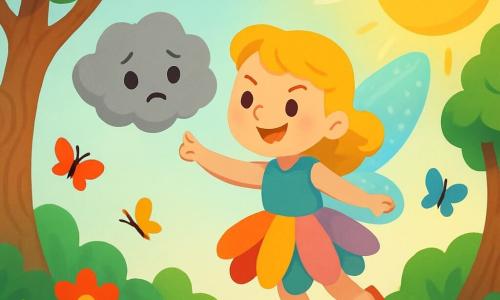 Une petite fée nommée Lila, avec des ailes scintillantes et des cheveux dorés, danse joyeusement dans les airs, vêtue d'une robe en pétales de fleurs multicolores. Son visage exprime enthousiasme et détermination. À ses côtés, un petit nuage gris, triste et perdu, flotte doucement. En arrière-plan, la forêt enchantée est peuplée d'arbres noueux et de fleurs éclatantes sous la lumière du soleil, tandis que des papillons colorés ajoutent de la magie à la scène. Lila guide le nuage vers le ciel avec un sourire encourageant, alors que le soleil perce les nuages, illuminant la forêt d'une douce lumière dorée.