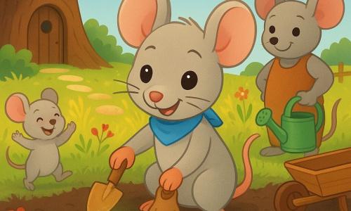 Une petite souris gris clair, écharpe bleue, plante avec fierté une graine magique qui émet un léger éclat verdâtre tandis que, autour d'elle, sa famille — une maman ronde souriante, un petit frère sautillant et un père tenant un arrosoir — l'encourage dans un champ doré devant une maisonnette creusée dans un arbre, entre herbes et fleurs sauvages, sol riche parsemé de racines et cailloux et outils miniatures à proximité, atmosphère chaleureuse et pleine d'espoir.