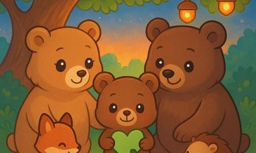 Noisette, un petit ours brun au museau rond, se tient au centre de la clairière, arborant un sourire timide mais fier. Il tient une pièce de puzzle vert tendre en forme de cœur. À sa droite, Maman Ourse, une grande ourse douce au pelage brun clair, le regarde avec bienveillance et encouragement. À sa gauche, Léo, un grand ours au pelage plus foncé, sourit chaleureusement, une patte sur l'épaule de Noisette. Autour d'eux, la clairière est illuminée par des lanternes faites de noisettes creusées, avec des animaux de la forêt assis en cercle, écoutant attentivement. Le vieux chêne au centre, avec ses branches étendues comme des bras protecteurs, ajoute une touche magique à la scène. Les couleurs sont vives et joyeuses, avec des nuances de vert, d'orange et de bleu, créant une atmosphère accueillante et pleine de diversité.