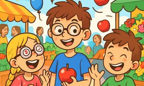Il y a trois personnages : Léo, un garçon de 10 ans avec des cheveux bruns en bataille et des lunettes rondes, souriant au centre avec une pomme à la main ; Zoé, une fille de 7 ans aux longs cheveux blonds tressés, riant à gauche de Léo avec des lunettes déformantes ; et Max, un garçon de 9 ans avec des cheveux châtains, jonglant maladroitement avec des pommes à droite de Léo. L'action se déroule dans un marché animé, rempli d'étals colorés et de gens souriants. Les trois amis sont en pleine bataille de pommes, riant et lançant des fruits, illustrant l'esprit de l'amitié et de l'amusement.
