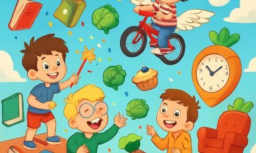 Quatre enfants s'amusent sur le toit d'une bibliothèque municipale. Timéo, 9 ans, cheveux bruns, t-shirt bleu et short rouge, tient une baguette magique dorée lançant des confettis. Mathis, 8 ans, cheveux blonds et lunettes rondes, rit en essayant d'attraper un chou dansant. Hugo, 9 ans, cheveux noirs sous une casquette à l'envers, est accroché à son vélo-volant. Nolan, 8 ans, cheveux châtains et sweat à capuche orange, pointe un nuage en forme de chaussette. Le ciel est bleu, avec des nuages moelleux et une horloge en forme de carotte. Des tartes et cupcakes tombent du plafond, créant une ambiance joyeuse. Les enfants rient en essayant d'attraper des choux dansants, entourés de livres chantants et de fauteuils sautants, tandis que des confettis volent dans l'air.