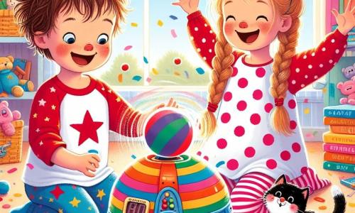 Léo, un petit garçon de 3 ans aux cheveux bruns en bataille et aux yeux malicieux, est assis par terre dans sa chambre. Il porte un t-shirt rouge à étoiles et un short bleu, riant à la vue de sa machine à rire colorée avec des boutons multicolores. À côté, sa sœur Chloé, 5 ans, avec de longs cheveux blonds tressés et une robe rose à pois blancs, se prépare à appuyer sur un bouton. Leur chat Moustache, noir avec des taches blanches, danse sur le tapis avec un chapeau de clown. La chambre est lumineuse, remplie de jouets et de confettis flottants, créant une ambiance festive. Léo et Chloé s'amusent avec la machine à rire, tandis que Moustache essaie d'attraper un ballon de baudruche, ajoutant de la magie à leur aventure joyeuse.