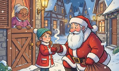 Léa, 8 ans, timide et émerveillée, cheveux châtain clair en couettes, manteau rouge, bonnet à pompon et gants, tend une tasse de chocolat sur le pas d’une porte enneigée; à sa droite le Père Noël, homme d’environ 60 ans, grand et rond, veste rouge bordée de fourrure, longue barbe blanche, yeux rieurs et hotte brun-rouge, s’agenouille pour lui répondre avec tendresse; en arrière-plan une vieille dame d’environ 70 ans sourit depuis une fenêtre éclairée à gauche. Le décor : une ruelle de village enneigée la nuit, maisons en bois et pierre, toits couverts de neige, lampadaires dorés, traces de pas, guirlandes aux fenêtres, flocons tombant et traîneau avec rennes esquissés dans le ciel étoilé. Style graphique : lignes claires, contrastes chauds sur bleu profond, textures de laine et fourrure détaillées, visages ronds et lisibles, atmosphère cosy et féerique.