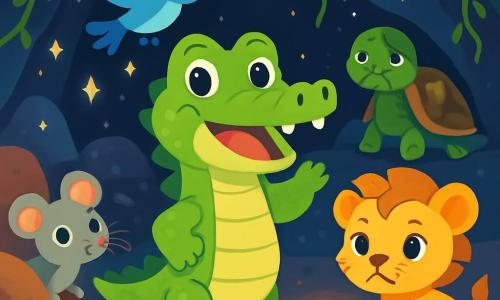 Un jeune crocodile aux écailles vertes brillantes, souriant et aux yeux pétillants, lève la patte pour saluer ses amis. À ses côtés, une petite souris grise curieuse se faufile entre les pierres. Un lionceau doré, au look courageux, se tient un peu en retrait, prêt à avancer. Plume, un oiseau bleu vif, vole au-dessus d'eux. La scène se déroule dans une grotte magique aux pierres lumineuses et aux murs recouverts de lianes vertes. Au fond, une tortue aux yeux tristes attend avec espoir. Le crocodile et ses amis se sont réunis pour aider la tortue à retrouver sa fleur magique, qui brille dans une flaque d'eau claire, remplissant l'atmosphère de courage et d'amitié.