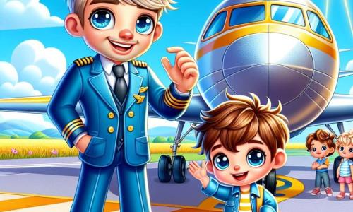 Maxime, un homme grand et souriant, porte un uniforme de pilote bleu avec une casquette ornée de petites ailes dorées. Ses yeux brillent d'excitation alors qu'il se tient à côté de son avion, un grand oiseau de métal brillant, prêt à décoller. À ses côtés, Lucas, un garçon d'environ 8 ans avec des cheveux châtains en bataille et des yeux curieux, regarde l'avion avec émerveillement, les bras levés. L'aéroport est ensoleillé, avec une piste d'atterrissage entourée de champs dorés et de nuages blancs dans un ciel bleu éclatant. L'avion est garé sur le tarmac, avec des enfants impatients en arrière-plan. Maxime et Lucas se préparent pour le vol vers l'île de Papillon-sur-Mer, Lucas exprimant son rêve de devenir pilote tandis que Maxime lui explique la magie de voler.