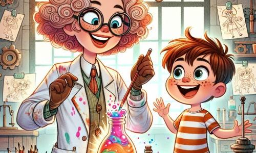 Éloïse, une femme joyeuse aux cheveux bouclés et lunettes rondes, est au centre de l'image, souriante et pleine d'énergie, secouant une bouteille magique colorée. Elle porte une blouse de laboratoire tachée de peinture avec des crayons dans sa poche. À ses côtés, Léo, un garçon d'environ huit ans aux yeux pétillants, observe avec émerveillement le mélange de fruits dans la bouteille. Il est debout sur la pointe des pieds, prêt à goûter le smoothie. L'atelier d'Éloïse est rempli de machines étranges, de croquis colorés, de rouages brillants et d'outils éparpillés. Une lumière douce filtre à travers une fenêtre, illuminant l'espace. La scène dépeint Éloïse et Léo testant leur invention dans une ambiance joyeuse et créative, pleine de rires et de couleurs vives.