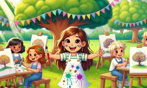 Clara, une jeune fille de onze ans, est au centre de l'image, avec de longs cheveux bruns et des yeux pétillants de joie. Elle porte une blouse blanche tachée de peinture colorée et tient un pinceau, souriant en montrant sa toile aux enfants. À ses côtés, Camille, une petite fille blonde de huit ans, est assise par terre, concentrée sur son tableau, avec des taches de peinture sur le visage et les mains. Maxime, un garçon de dix ans, se tient debout derrière Clara, admirant son œuvre avec un sourire. Le décor se déroule dans un parc ensoleillé, avec un grand chêne, des guirlandes colorées et des toiles blanches sur des tables en bois. Des enfants rient et s'amusent, créant une ambiance joyeuse. Clara anime un atelier d'art, entourée d'enfants qui peignent avec passion, chacun exprimant sa créativité sur des toiles blanches, symbolisant la magie de l'art et de l'amitié.